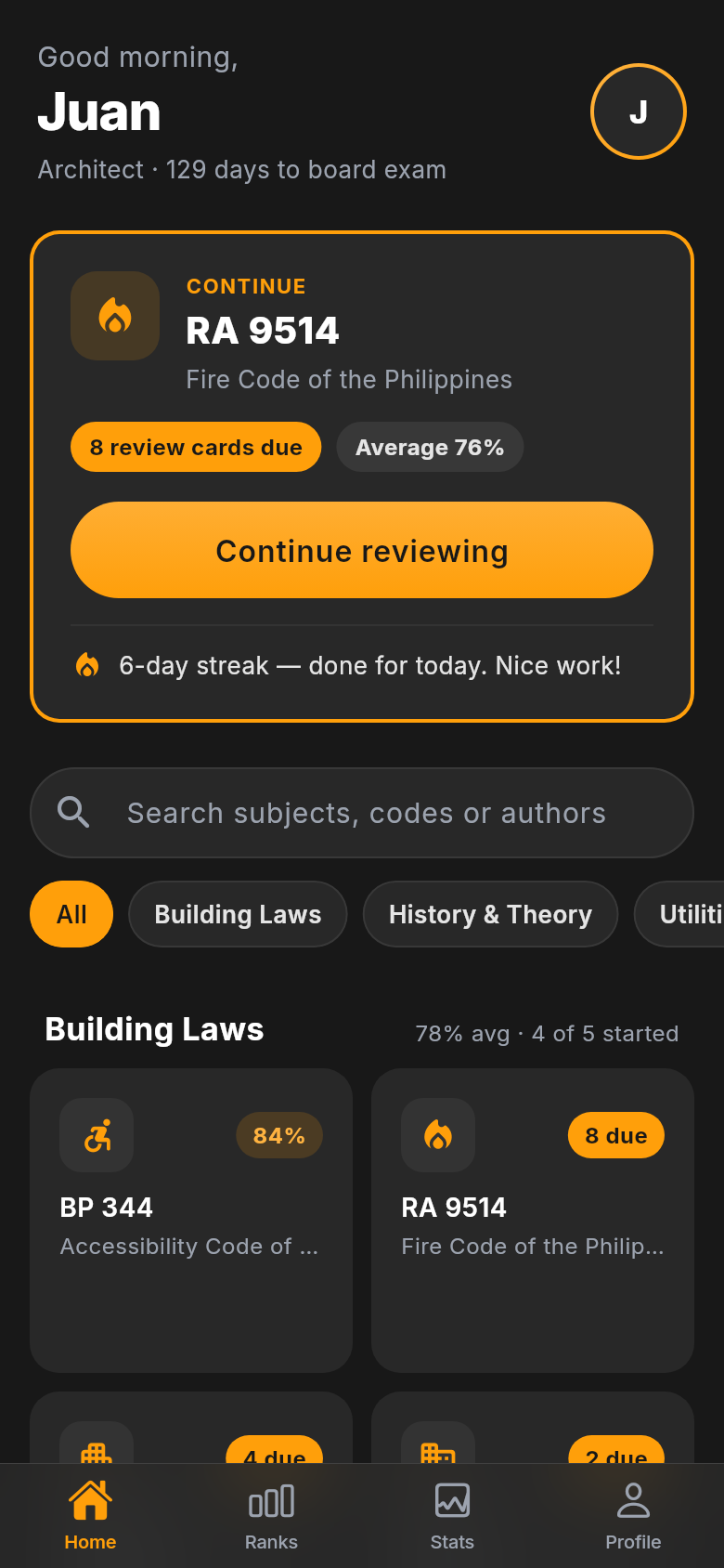 LicenseReady home screen: 129 days to the board exam, a Continue card for RA 9514 with 8 review cards due, and topic cards