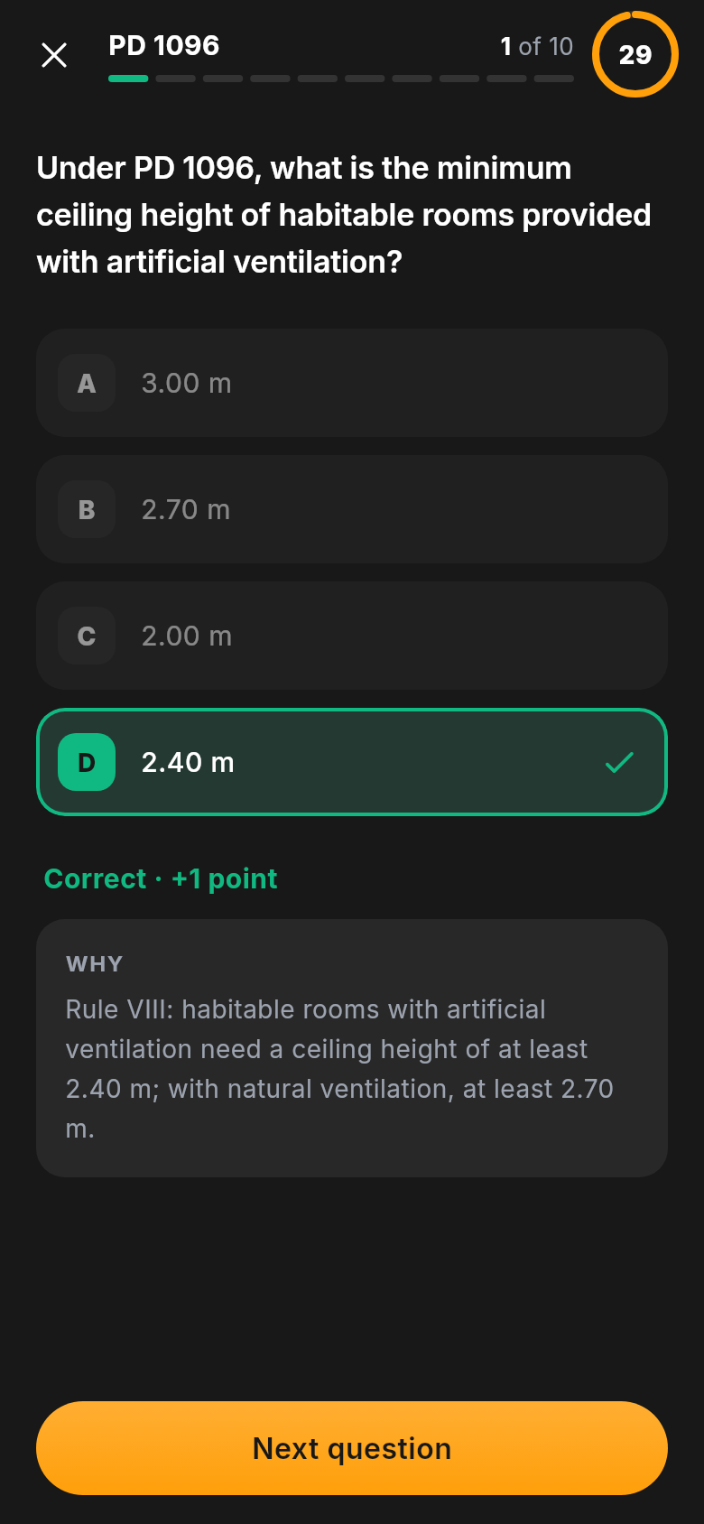 A PD 1096 quiz question answered correctly, with its rationale